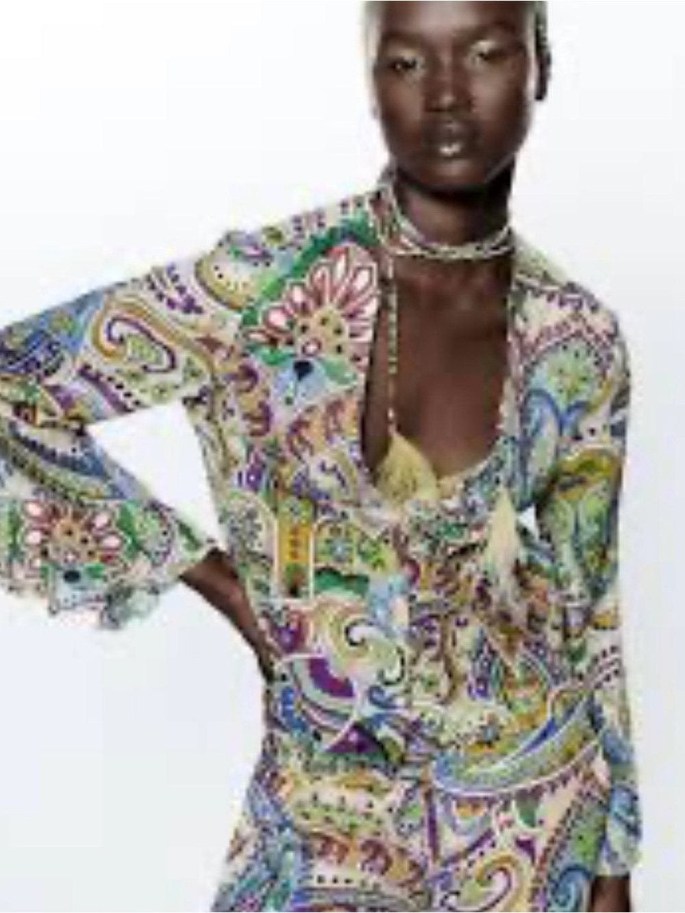 Zara Paisley Boho Blouse Small Bell Sleeve Tie Front Tassel V Neck Top Feather